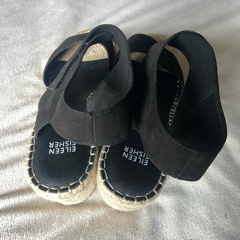 Eileen Fisher Black and Tan Espadrille Sandals